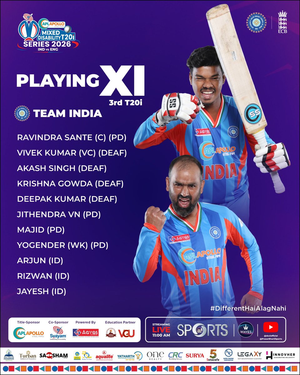 dcciofficial's tweet photo. All set for the 3rd T20i! ๐
Hereโs Team Indiaโs Playing XI, ready to take the field with focus and intent.
@BCCI @JayShah @ICC
#DifferentHaiAlagNahi #DCCI #MixedDisability #CricketForAll https://t.co/qIDHkYtmvb