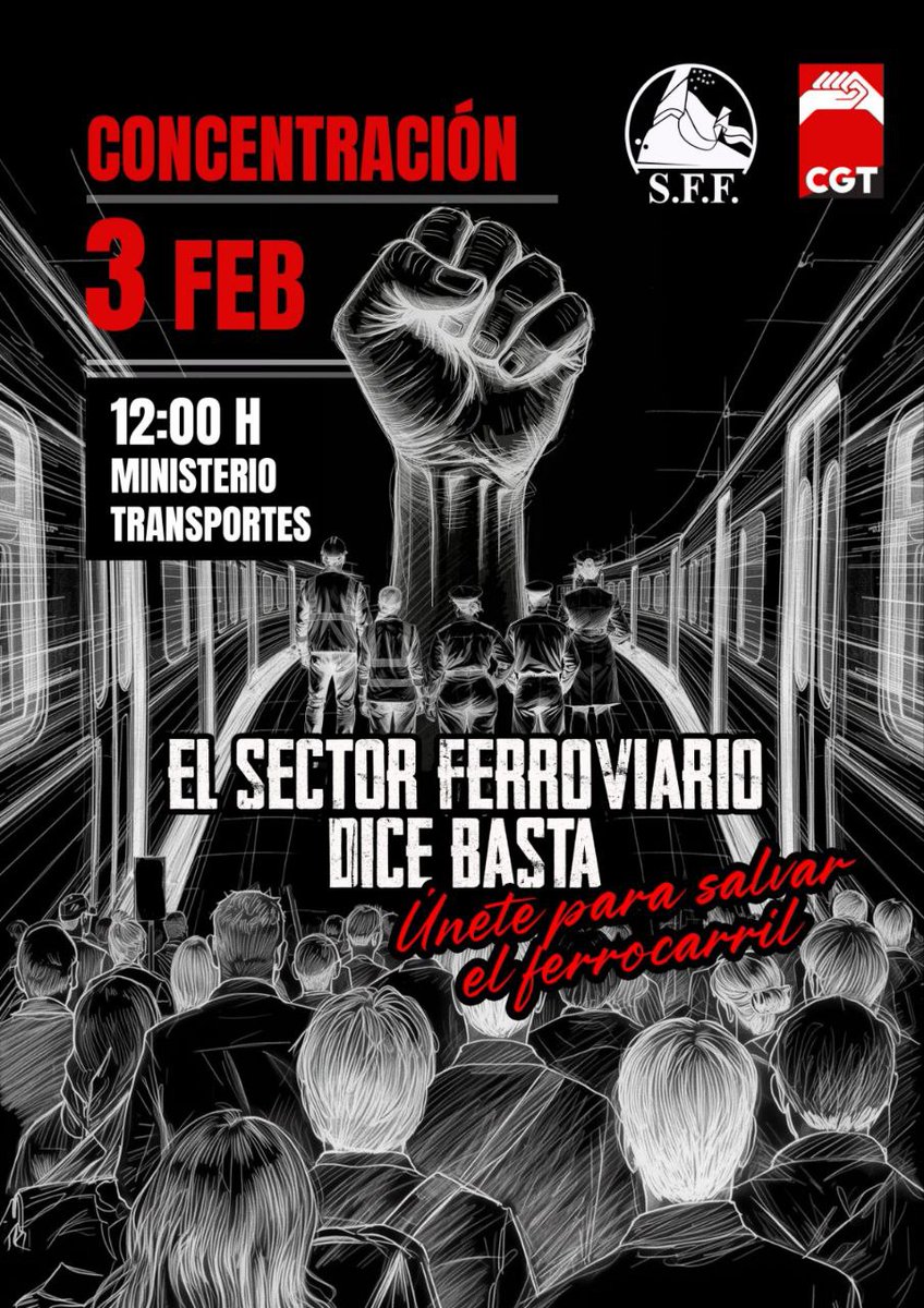 🔊 El <a href="/SFFCGT/">CGT Sector Federal Ferroviario</a> 🔴⚫️convoca huelgas: 

📆9, 10 y 11 de febrero 

📌Todo el estado Está en juego el transporte público de la ciudadanía y el trabajo de las y los ferroviarios 🚆🚄🚉🚂 

<a href="/transportesgob/">Ministerio Transportes y Movilidad Sostenible</a> nos tiene que oir 🥁🔊🗣

cgtbarcelona.org/noticia/cgt-co…