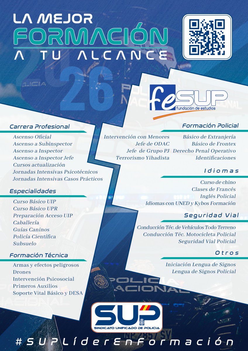 sup_formacion's tweet image. 🧑‍🎓Formación #online @fesup_org 2026
En febrero dispones de los cursos de #ascenso a
#Inspector/a Jefe, #Subinspección, #Actualización,
Seguridad Vial y Básico de Frontex
#SUPLíderEnFormación
¡Prepárate con los mejores! 🧑‍🏫👮
Afíliate al mejor sindicato ✍️
supformacion.es