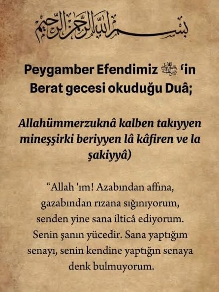 Bu Mübarek gece hürmetine affedilen kullar zümresine kabul ettiklerinden olmak ümidiyle gecenizi tebrik eder, beratını alanlardan oluruz, inşallah. 
Mübarek  #BeratKandilimiz insanlığa hayırlar getirsin.
Amin…