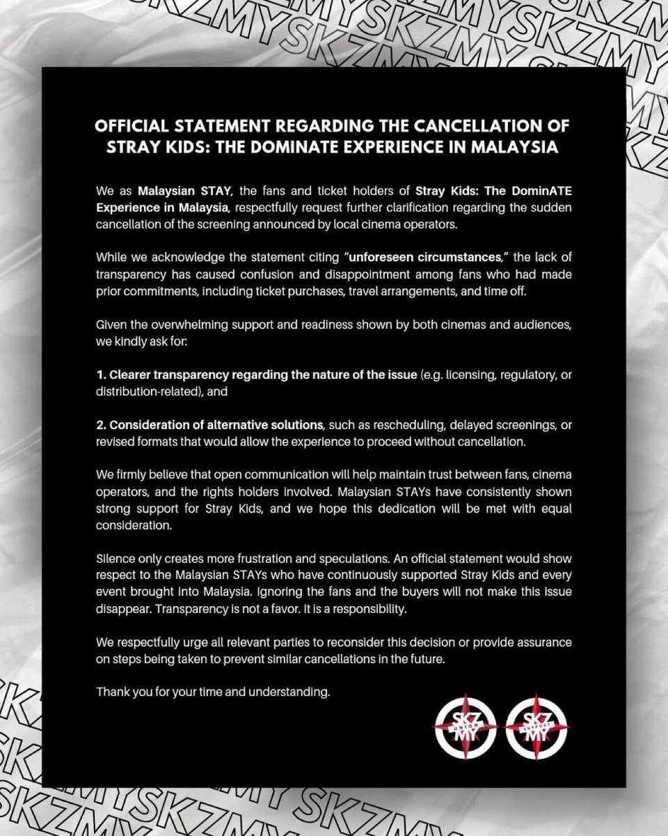 We were looking forward to the Stray Kids : The DominATE Experience, but it was cancelled without a clear reason.

We ask for RECONSIDERATION or a CLEAR EXPLANATION. Transparency matters!

#MYSTAYneedSKZ <a href="/LiveNation/">Live Nation</a> <a href="/UIPMalaysia/">UIP Malaysia</a> <a href="/jypnation/">JYPnation</a>