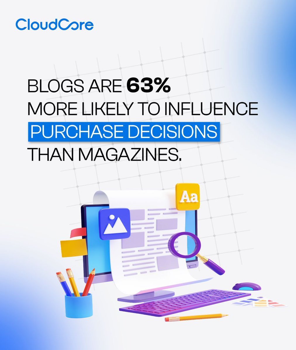 cloudcoresa's tweet photo. Blogs influence purchases 63% more than magazines.

Because they educate, build trust, and answer real buyer questions.
In a digital-first world, useful content converts better than ads.

Trust → Conversions → Long-term sales 🚀 https://t.co/K7JpnfXllD