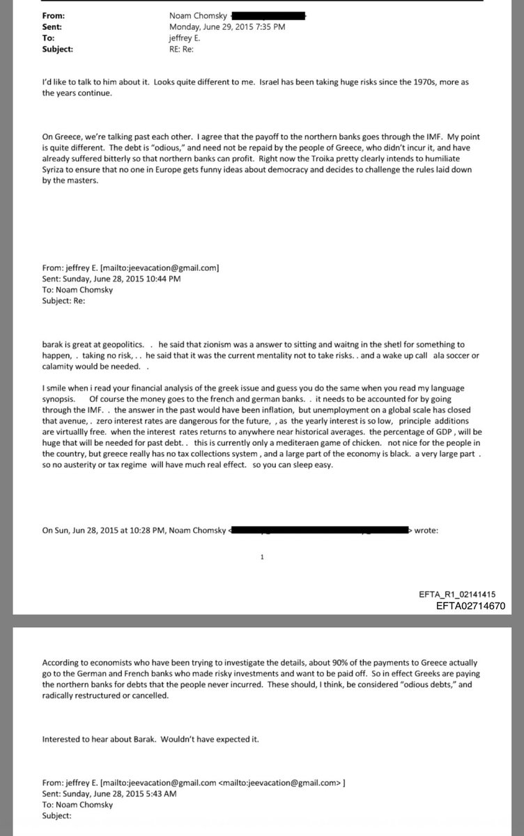 Chomsky to Epstein on Greece and how the people didn’t incur the debt. Troika wanted to ensure “no one in Europe gets funny ideas about democracy and decides to challenge the rules laid down by their masters” ie the German and French bankers who are Rothschild run.