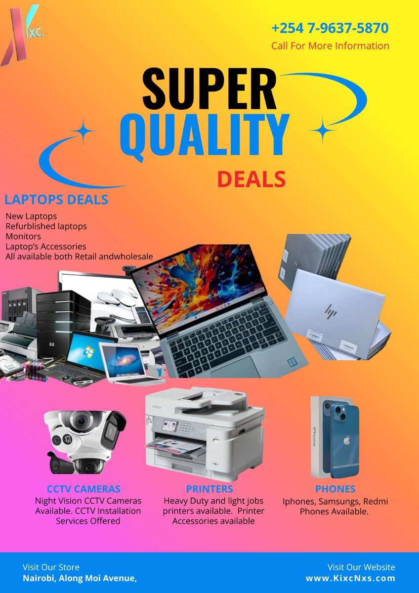 Kixc01's tweet image. Twitter Business what are selling  today?
Let's promote your product.

Powering homes &amp;amp; businesses with reliable tech 💼
✔️ Laptops
✔️ Printers &amp;amp; Monitors
✔️ CPUs &amp;amp; CCTV Cameras
📞 0796365870

#TechSolutions #ComputersForSale #CCTVInstallation