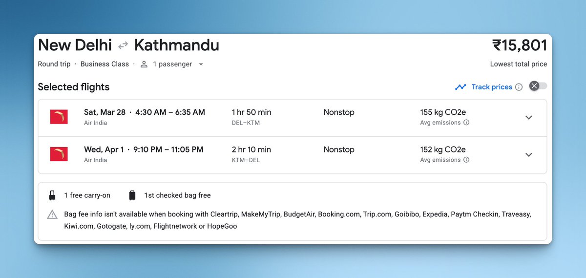 ✈️ Short flight but still a Business Class steal!

🇮🇳 New Delhi → Kathmandu 🇳🇵
💺 Business Class
🛫 Air India
💰 ₹₹15,801 Round Trip
📅 Dates in Feb, March, April

🔄 Retweet if this helps! ❤️ #rightonpointsdeals
