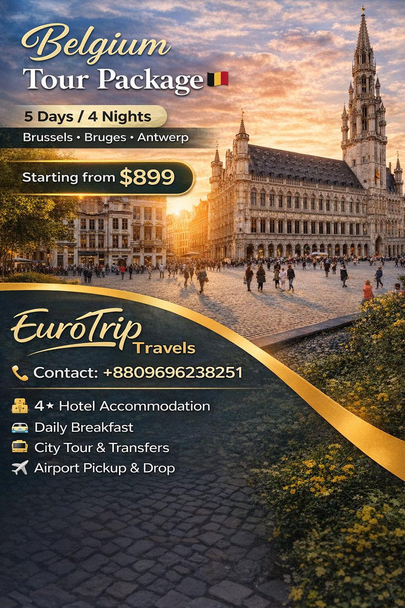 forhad02r's tweet photo. Dreaming of Europe? 🇧🇪✨  
Explore the beauty of Belgium with our exclusive tour package.

📍 Brussels • Bruges • Antwerp  
🗓 5 Days / 4 Nights  
💰 Starting from $899  

📞 Contact: +8809696238251

#BelgiumTour
#EuropeTour
#TravelBelgium
#EuroTrip
#TourPackage
#TravelWithUs https://t.co/ayL5yFzgLC