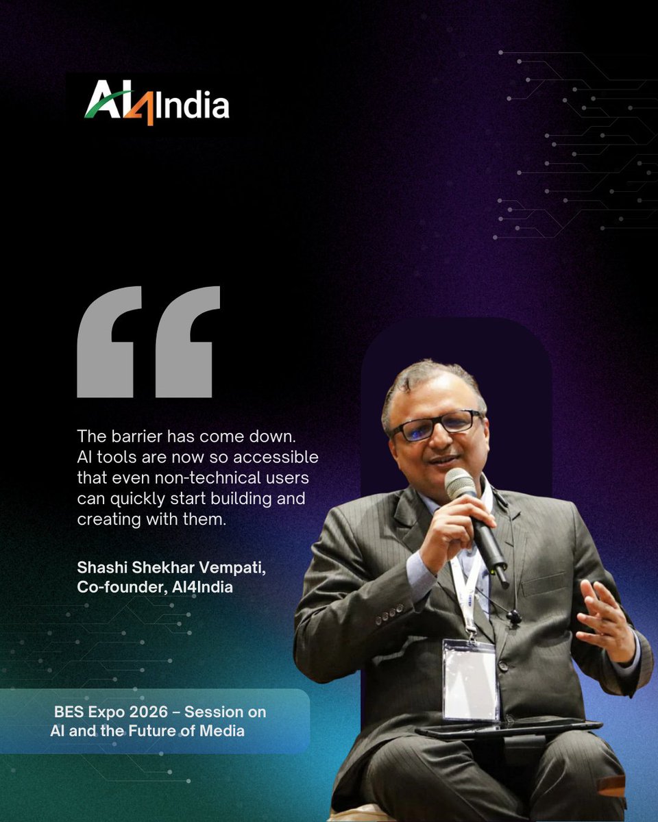 AI4IndiaOrg's tweet photo. Speaking at BES Expo 2026, Our Co-founder, Shashi Shekhar Vempati, (@shashidigital) reflected on how artificial intelligence is becoming more accessible beyond traditional technology circles.

His remarks highlighted a crucial shift in the AI journey—where lowered barriers are enabling businesses, creators, and institutions to adopt AI as a practical tool for innovation, rather than a specialised capability reserved for experts.

#BESExpo2026