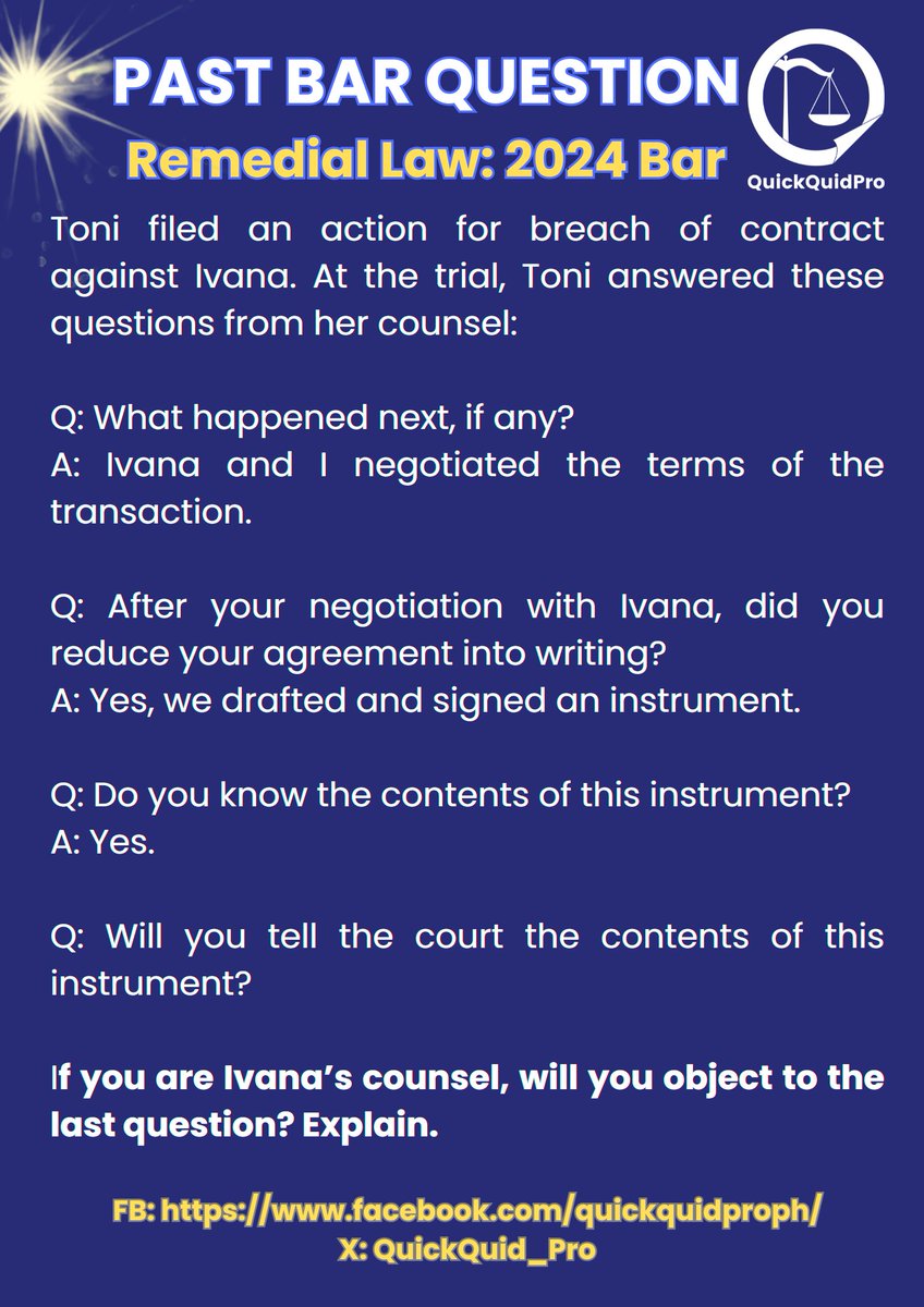 QuickQuid_Pro's tweet image. Remedial Law: Past Bar Questions ⚖️ Offer and Objection 📖 💛

See more : facebook.com/quickquidproph/ 

#AweSAMbar2026 
#StrivewithHopeandGrit
#SuccessAchievedthroughMerit 💛