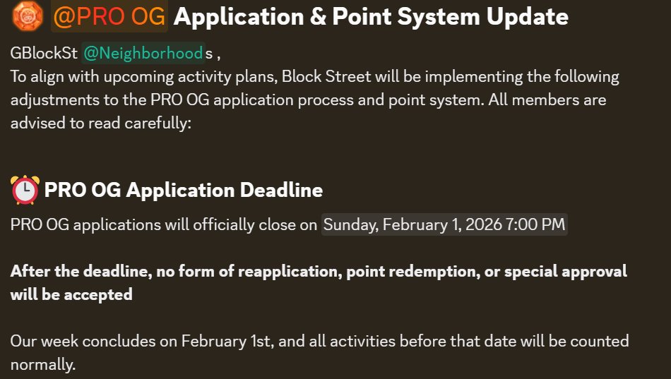 🚨 PRO OG Application Update

The PRO OG application is now officially closed. All activities prior to the deadline have been counted, and no reapplications, point redemptions, or special approvals will be processed going forward.

Read more on: discord.com/channels/14358…