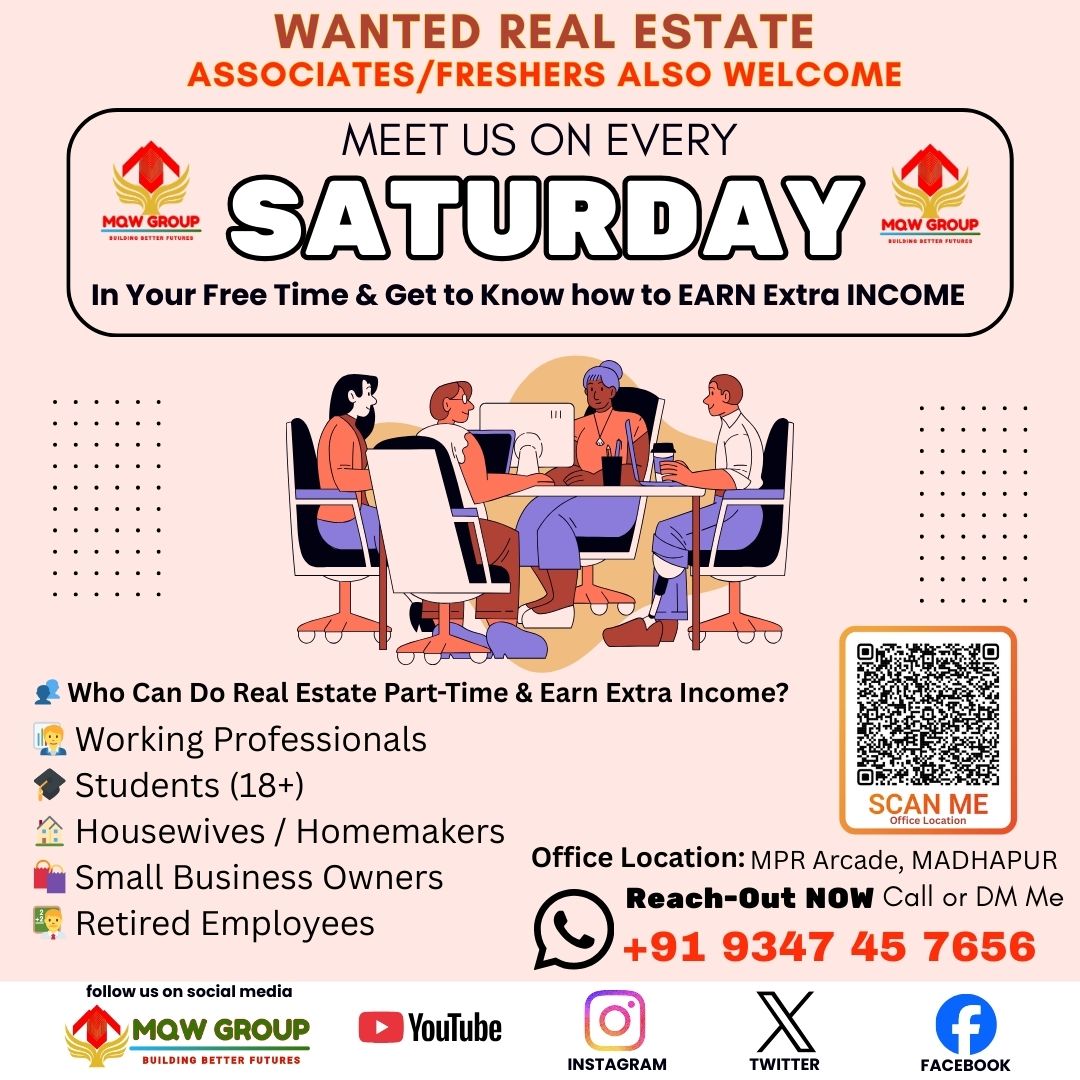 MqwGroup's tweet image. 🐦 Twitter / X Post

Looking for extra income? 💼
Join MQW GROUP as a Real Estate Associate.
🗓️ Every Saturday
📍 Madhapur
🎓 Freshers welcome

📞 +91 9347 45 7656
#MQWGroup #RealEstate #PartTimeIncome #HyderabadJobs