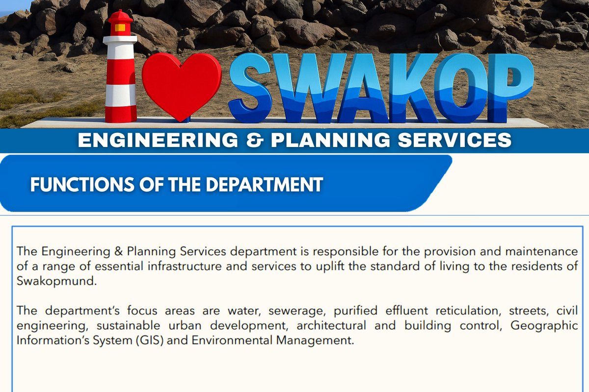 Hello Swakopmund

This February, we’re launching a weekly segment spotlighting the departments that make up your Municipality. Follow along as we inform, educate, and share how we deliver quality services.

Stay tuned and fall in love with Namibia’s Best-Run Municipality.