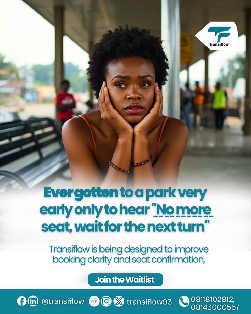 transiflow93's tweet photo. Ever shown up early only to hear: โNo more seat, wait for the next turnโ?
Weโre building Transiflow to fix that; with clear bookings + real seat confirmation.
No stress. No guessing. Just smooth travel.
Join the waitlist.
#Transiflow #SmartBooking #TechInAfrica https://t.co/CLzDaFU44h