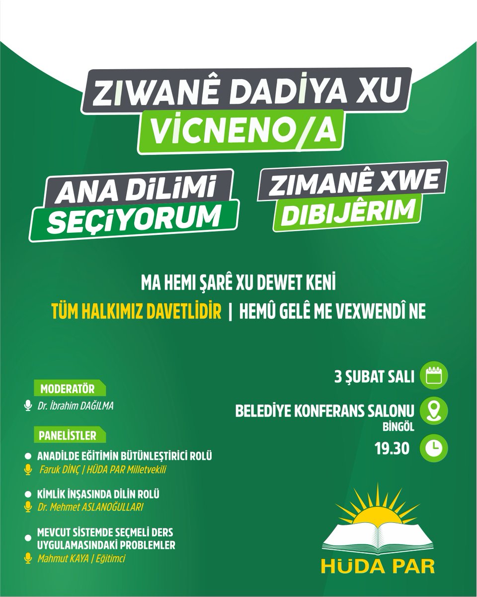 📢 PANELE DAVET!

Eğitim İşleri Başkanlığımız tarafından düzenlenecek “Anadilimi Seçiyorum” panelimize tüm halkımız davetlidir.

📆3 Şubat Salı
🕡19.30
📍Bingöl Belediye Konferans Salonu