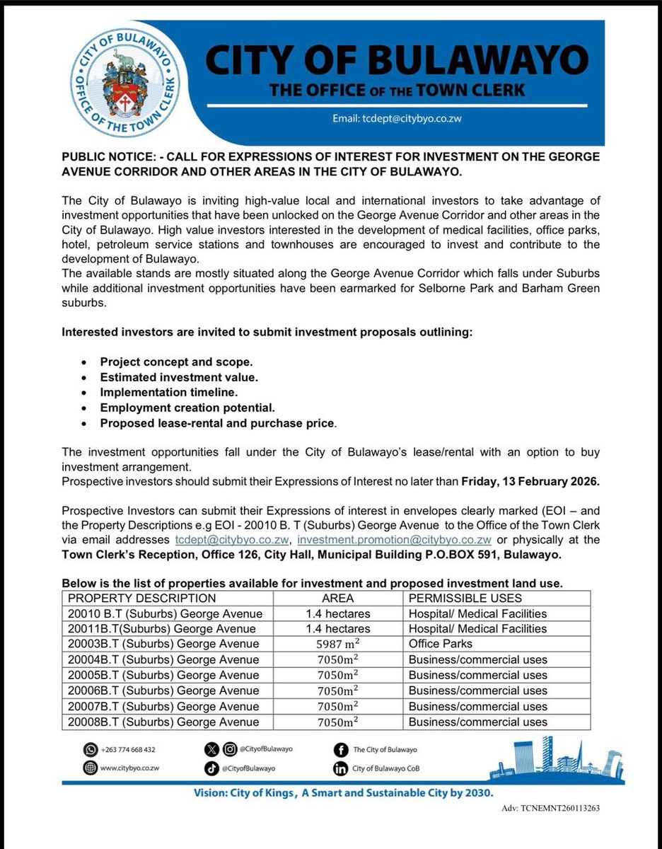 CityofBulawayo's tweet photo. The City of Bulawayo is calling for Expressions of Interest for Investment on the George Avenue Corridor and other areas in the City of Bulawayo. https://t.co/iCNAimxxiK
