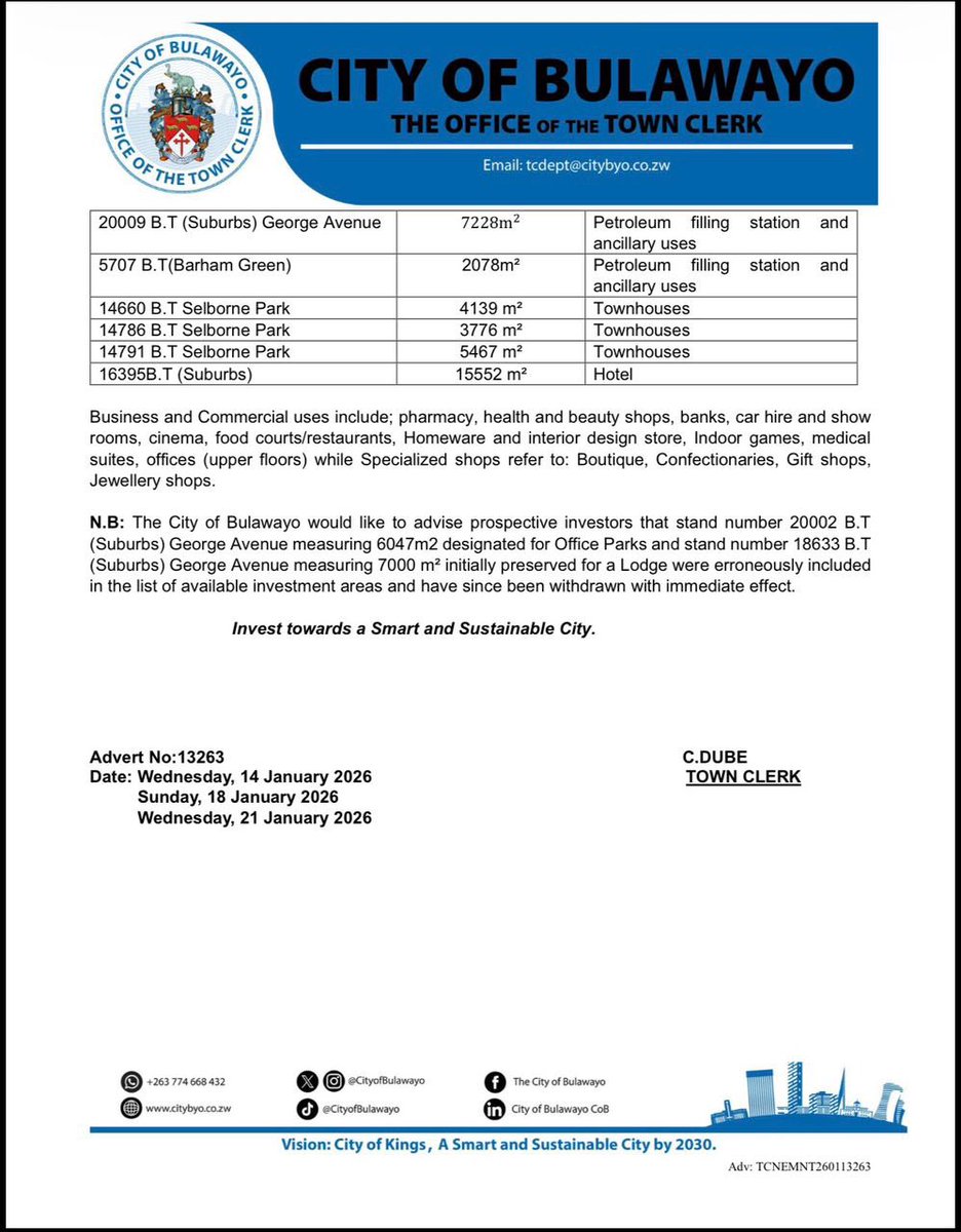 The City of Bulawayo is calling for Expressions of Interest for Investment on the George Avenue Corridor and other areas in the City of Bulawayo.
