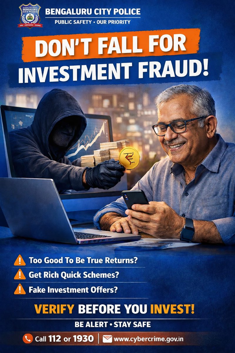 *STOP! Avoid Investment Scams 🚨* 

“High Returns” = High Risk
• Don’t trust strangers promising quick profits
• Verify companies through official sources
• If cheated, call 1930 / 112 immediately

    BENGALURU CITY POLICE
Your Safety -Our Responsibility

 *ನಿಲ್ಲಿಸಿ! ಹೂಡಿಕೆ