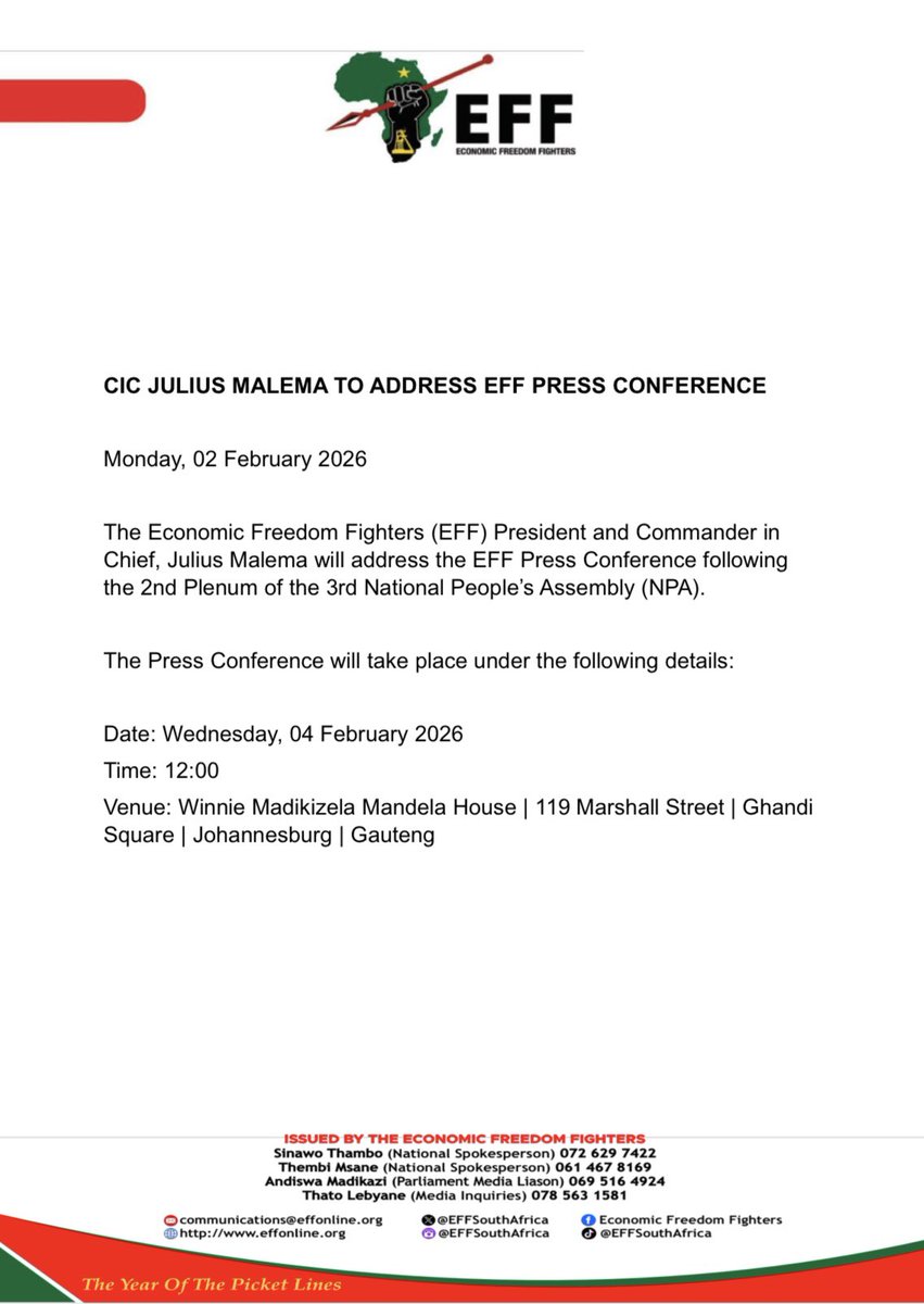 CIC <a href="/Julius_S_Malema/">Julius Sello Malema</a> To Address #EFFPresser 

The Press Conference will take place under the following details:

Date: Wednesday, 04 February 2026
Time: 12:00
Venue: Winnie Madikizela Mandela House | 119 Marshall Street | Ghandi
Square | Johannesburg | Gauteng