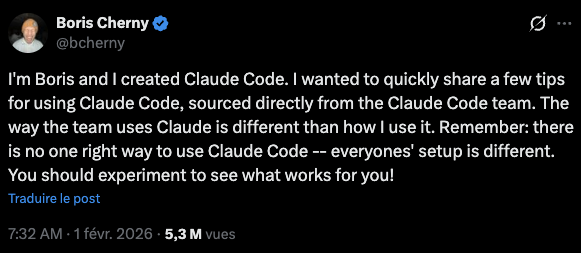 MikeCodeur's tweet photo. 95% des devs utilisent Claude Code comme un chatbot.
L'équipe qui l'a créé fait l'inverse.

Le créateur de Claude Code vient de révéler comment son équipe l'utilise en interne.

Spoiler : c'est pas de la magie. C'est une discipline.

Voici les 10 habitudes que j'adopte immédiatement :

1. Parallélisme > Vitesse
Plusieurs sessions Claude en parallèle via Git worktrees. LE plus gros unlock.

2. Plan Mode d'abord
Pour le complexe : plan détaillé, puis review par une 2e session.

3. https://t.co/LEP6xvBBg9 évolutif
Après chaque correction → mise à jour. Claude s'améliore sur TON projet.

4. Skills personnalisés
Tu fais un truc >1x/jour ? Skill. Capitalise.

5. Bug fixing brut
Logs + "fix it". Pas de micro-management.

6. Prompts qui challengent
"Prove to me this works" > "Est-ce que ça marche ?"

7. Subagents
Opérations lourdes déléguées. Contexte principal propre.

8. Data via CLI
Claude query ta DB et analyse. Analytics sans quitter le terminal.

9. Mode apprentissage
Diagrammes ASCII, explications, présentations. Prof particulier intégré.

La vraie leçon ?

C'est pas les features cachées qui font la diff.
C'est traiter Claude comme une équipe qu'on supervise, pas un chat qu'on babysitte.

Thread original de @bcherny :