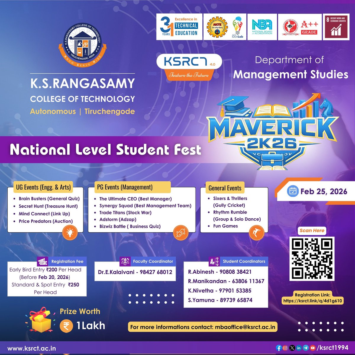 ksrct1994's tweet photo. MAVERICK 2K26 !
A Dynamic National Level Student Fest on February 25, 2026, at the Shukrayaan Block (MBA), KSRCT.
Register Now: https://t.co/sIOnoNBaWH
#ksrct1994 #ksr #ksrei #MAVERICK2K26 #NationalLevelFest #DepartmentOfManagementStudies #StudentFest #ManagementFest https://t.co/OhM4RsuBwc