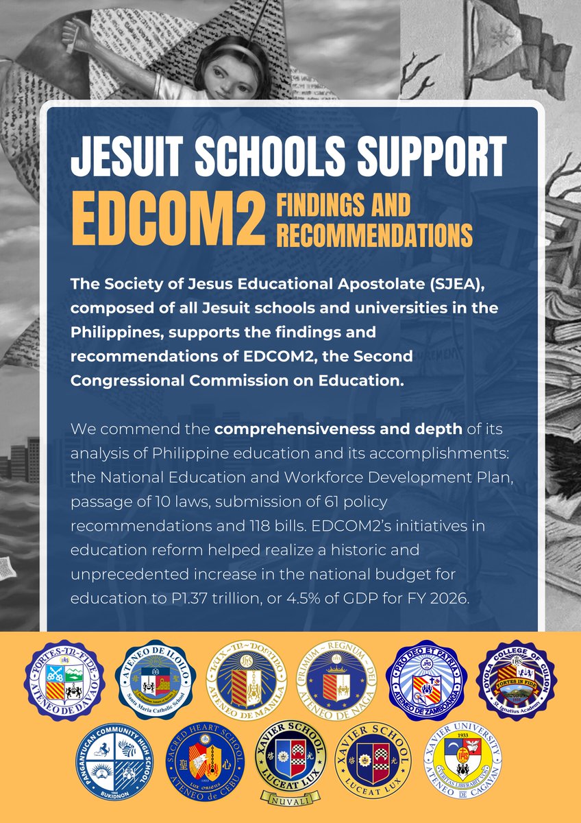 ADDU_Official's tweet photo. JESUIT SCHOOLS SUPPORT EDCOM2 FINDINGS AND RECOMMENDATIONS

The Society of Jesus Educational Apostolate (SJEA), composed of all Jesuit schools and universities in the Philippines, supports the findings and recommendations of EDCOM2, the Second ....

Full: https://t.co/theAWS0mEI https://t.co/Z5pBUlcONU