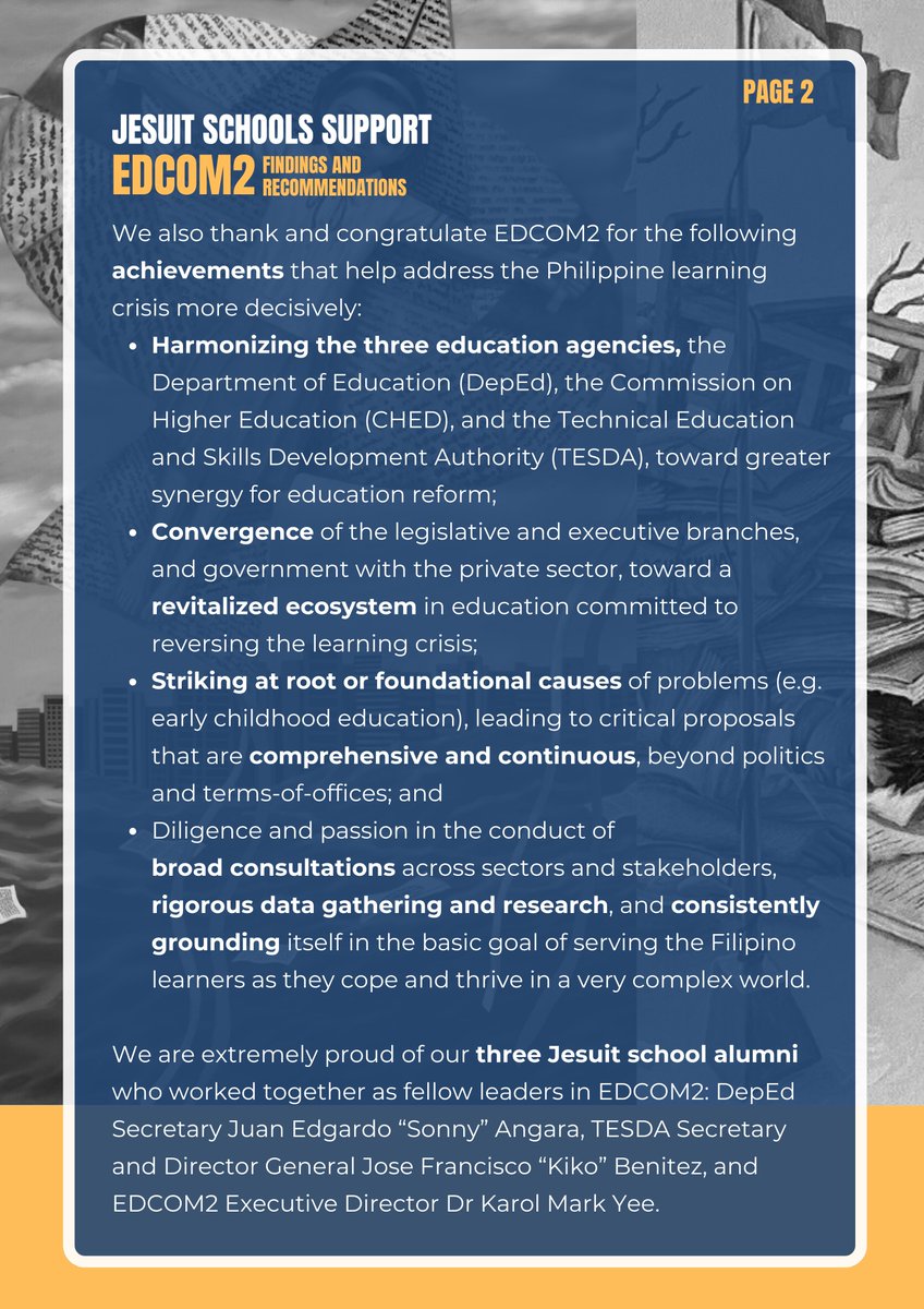 ADDU_Official's tweet photo. JESUIT SCHOOLS SUPPORT EDCOM2 FINDINGS AND RECOMMENDATIONS

The Society of Jesus Educational Apostolate (SJEA), composed of all Jesuit schools and universities in the Philippines, supports the findings and recommendations of EDCOM2, the Second ....

Full: https://t.co/theAWS0mEI https://t.co/Z5pBUlcONU