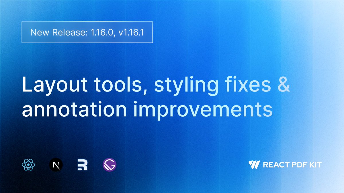 ReactPdf's tweet photo. 🛠️ React PDF v1.16.1 is out!

This update introduces SinglePageTool and DualPageTool components for more layout flexibility, along with improvements to zooming, styling, and annotation datetime display.

👉 See what’s new: https://t.co/y0c0g8oS3w

#react #reactpdf #nextjs https://t.co/qixgvSEE7E