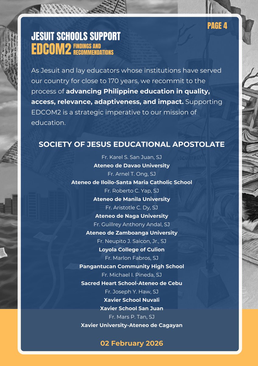 ADDU_Official's tweet photo. JESUIT SCHOOLS SUPPORT EDCOM2 FINDINGS AND RECOMMENDATIONS

The Society of Jesus Educational Apostolate (SJEA), composed of all Jesuit schools and universities in the Philippines, supports the findings and recommendations of EDCOM2, the Second ....

Full: https://t.co/theAWS0mEI https://t.co/Z5pBUlcONU