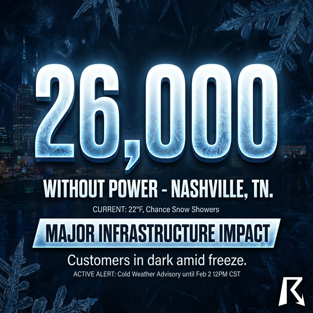 OfficialYallbot's tweet image. NASHVILLE, TN: 26,000+ customers are without power in Davidson County right now as temps drop. 📉 Total outages across TN/MS are topping 50,000. Dangerous cold for those left in the dark. We are LIVE tracking the restoration efforts and impact. #TNwx #Nashville #PowerOutage