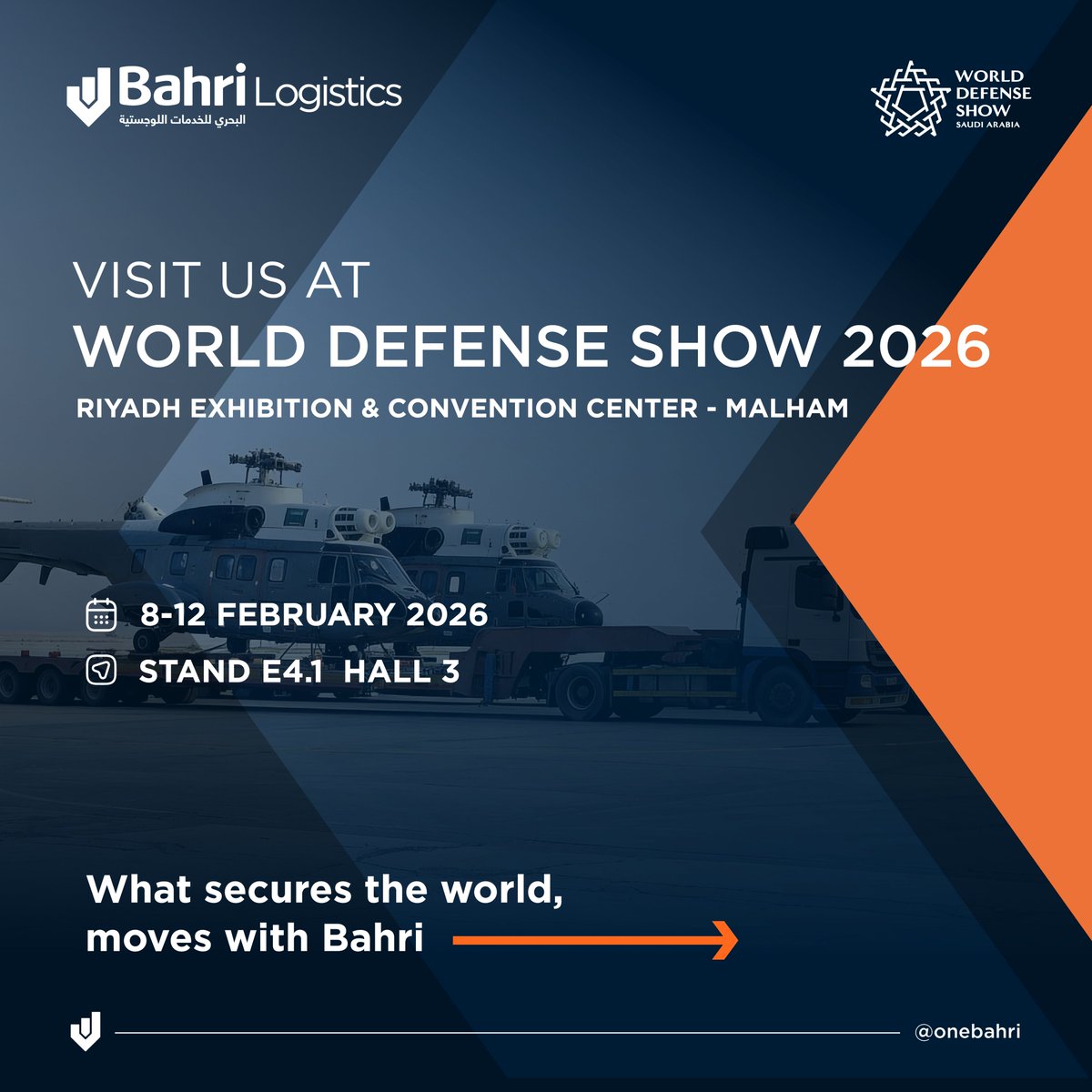 BahriLogistics's tweet photo. تشارك #البحري للخدمات اللوجستية في النسخة الثالثة من #معرض_الدفاع_العالمي 2026، المقام في ملهم الرياض تحت شعار #مستقبل_تكامل_الدفاع.

ندعوكم لزيارة جناحنا خلال فترة من 8 إلى 12 فبراير 2026، للتعرف على أحدث حلولنا اللوجستية المتكاملة والمبتكرة لدعم العمليات الدفاعية.

#BahriLogistics is participating in the third edition of the World Defense Show #WDS2026, held in Malham, Riyadh, under the theme “The Future of Defense Integration.”

We invite you to visit our stand from 8 – 12 February 2026 to explore our innovative and integrated logistics solutions supporting defense operations.