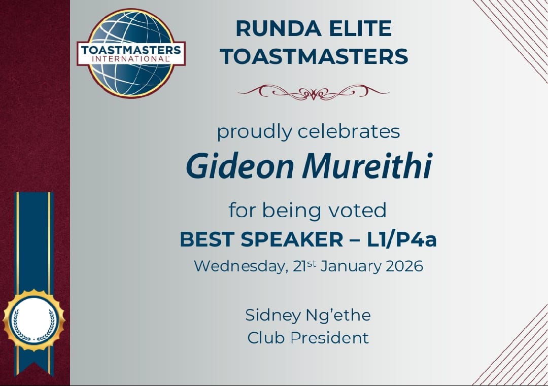 intraspacemc's tweet photo. #JanuaryMoments
 
A proud moment for Runda Elite Toastmasters as we celebrate Gideon Mureithi, our founder at IMC, voted as Best Speaker.

Growth, confidence, and powerful voices in action.
#ToastmastersInternational #RundaEliteToastmasters #BestSpeaker #IMCat10