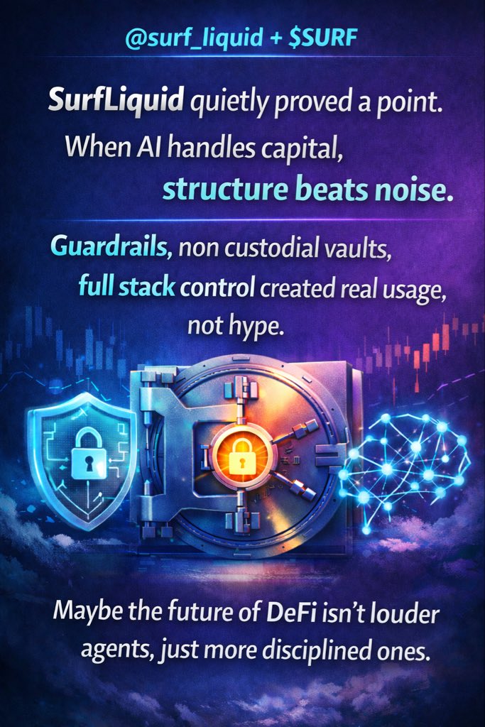 Well <a href="/Surf_Liquid/">SurfLiquid 🌊</a> quietly proved a point. 

When AI handles capital, structure beats noise. 

Guardrails, non custodial vaults, full stack control created real usage, not hype. 

Maybe the future of DeFi isn’t louder agents, just more disciplined ones.

$SURF
