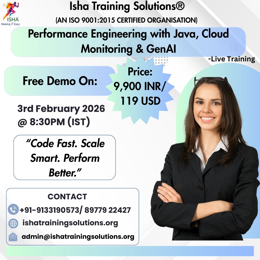 IshaKumargupta's tweet photo. “Performance Engineering with Java, Cloud Monitoring & GenAI" –Live Training.
Free Demo On:3rd Feb @ 8:30 PM –9:30 PM (IST)/3rd Feb @ 10AM – 11AM (EST)
For Registration
https://t.co/CPImvojN5x
Call\ WhatsApp@+91-9133190573
#PerformanceEngineering #JavaPerformance #GenAI #AIOps https://t.co/Wed1mOvF1y