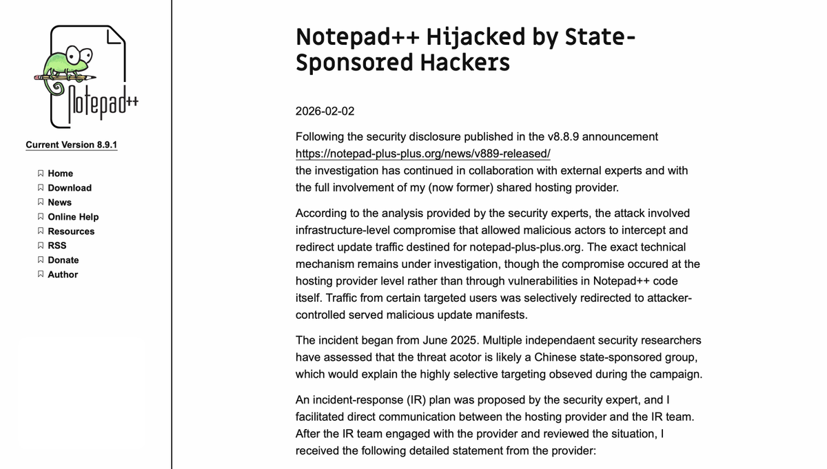 UK_Daniel_Card's tweet image. 'The incident began from June 2025. Multiple independaent security researchers have assessed that the threat acotor is likely a Chinese state-sponsored group, which would explain the highly selective targeting obseved during the campaign.'

#NotepadPlusPlus #Notepad #Compromised