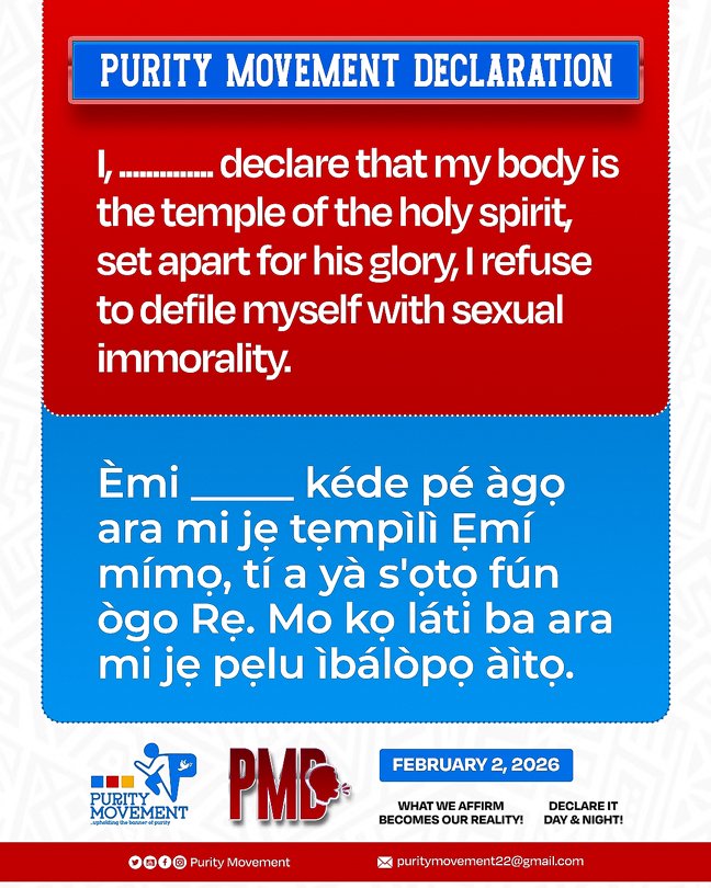 puritymovementt's tweet photo. Purity Movement Declaration (PMD)🗣️🗣️🗣️ | February 2, 2026.
#declaration
#affirmation
#PurityMovement
#Jesusbeglorified
#Lightbebroughttoallmen
#Thetreesofrighteousnessbeplanted
#spamedia https://t.co/zRvUe4S7a2