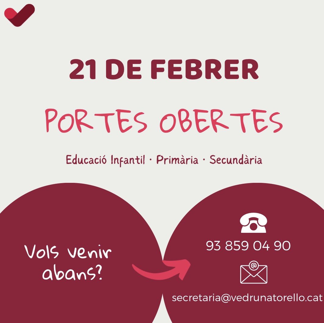 🗓️ Vine a les Portes Obertes de la nostra escola el pròxim 21 de febrer!

📌 Si vols una entrevista personalitzada abans de Portes Obertes, demana la teva hora a través del ☎️ o per 📩! 

T’esperem, 𝗾𝘂𝗲 𝗻𝗼 𝘁’𝗵𝗼 𝗲𝘅𝗽𝗹𝗶𝗾𝘂𝗶𝗻! 💪

#lescosesimportantsambtu