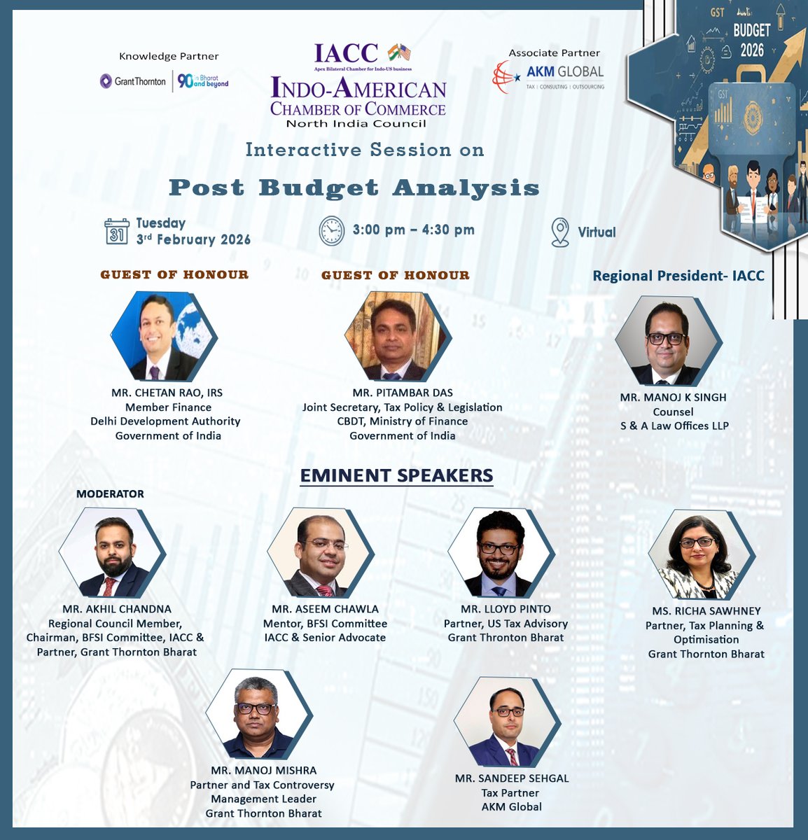 iaccindia's tweet photo. IACC’s Interactive Session on Post Budget Analysis 2026

The Union Budget sets the direction - understanding its impact is key. Join the Indo-American Chamber of Commerce - NIC for an interactive session on Post Budget Analysis 2026, this virtual session is scheduled on 3rd February 2026 from 3:00 PM – 4:30 PM IST.  Where experts will decode key announcements, policy shifts, and implications for businesses and the economy.

Mr. Chetan Rao, IRS, Member Finance, Delhi Development Authority, Government of India, and Mr. Pitambar Das, Joint Secretary, Tax Policy & Legislation, CBDT, Ministry of Finance, Government of India, are the Guests of Honour during the session.

With Grant Thornton Bharat as Knowledge Partner and AKM Global as Associate Partner. The webinar is designed to provide timely insights and practical perspectives for professionals, businesses, and stakeholders across sectors.

Open to all - Register here: https://t.co/3guVl7d4f3

#IACC #IACCIndia #PostBudgetAnalysis #UnionBudget2026 #BudgetInsights #EconomicOutlook #PolicyUpdates #BusinessStrategy #IndiaEconomy #FinanceAndPolicy #TaxAndRegulation #KnowledgeSession #VirtualEvent #FreeWebinar #GrantThorntonBharat #AKMGlobal #IndustryInsights #LeadershipDialogue #EconomicPolicy #BudgetDiscussion #TradeAndIndustry #ProfessionalLearning #BusinessCommunity #IndiaGrowth #PolicyDialogue

@GrantThorntonIN @AKM_Global @FinMinIndia @SandALawOffices @ChandnaAkhil @official_aseem @lloydpinto