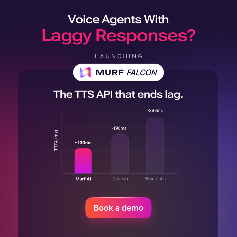 MurfAIStudio's tweet photo. Say goodbye to laggy responses with Murf Falcon - A next-gen TTS model delivering consistent sub-130 ms time-to-first-audio, even at 10K concurrent calls.

Book a Demo &amp; get free production credits.