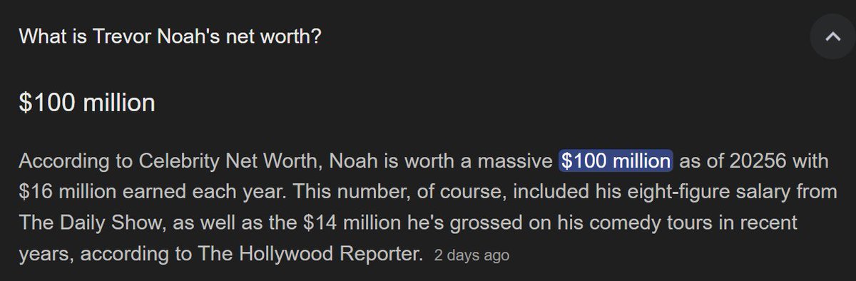 *soon to be corrected

"Was worth $100 million"

Trevor Noah, in what he'll remember as one of the worst decisions he ever made, decided it was a good idea to slander Trump during the Grammy's broadcast on CBS, by falsely asserting that he went to Epstein Island.

He didn't.
