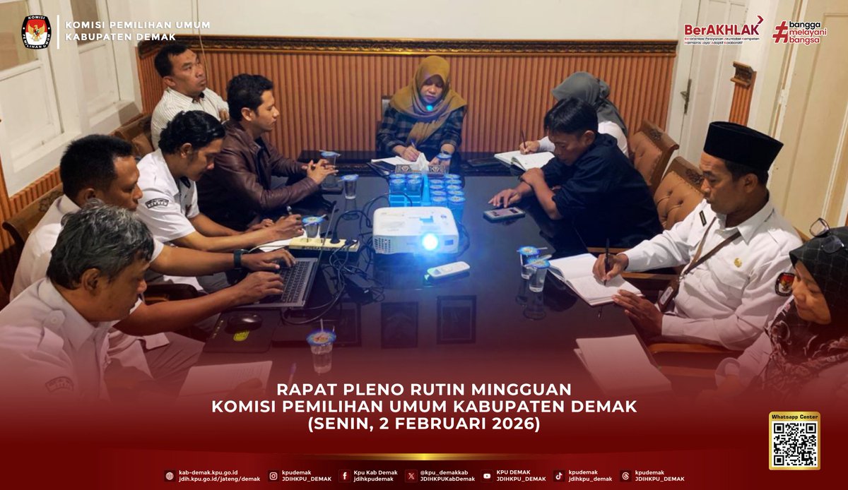kpu_demakkab's tweet photo. Hai #TemanPemilih,
KPU Demak menggelar Rapat Pleno Rutin pada Senin (2/2/2026) di Kantor KPU Demak.
Rapat ini membahas evaluasi program yang telah berjalan, penyusunan rencana kegiatan satu minggu ke depan, serta penguatan koordinasi lintas divisi.
#KPUDemak
#KPUMelayani https://t.co/IOWPhmqwyE