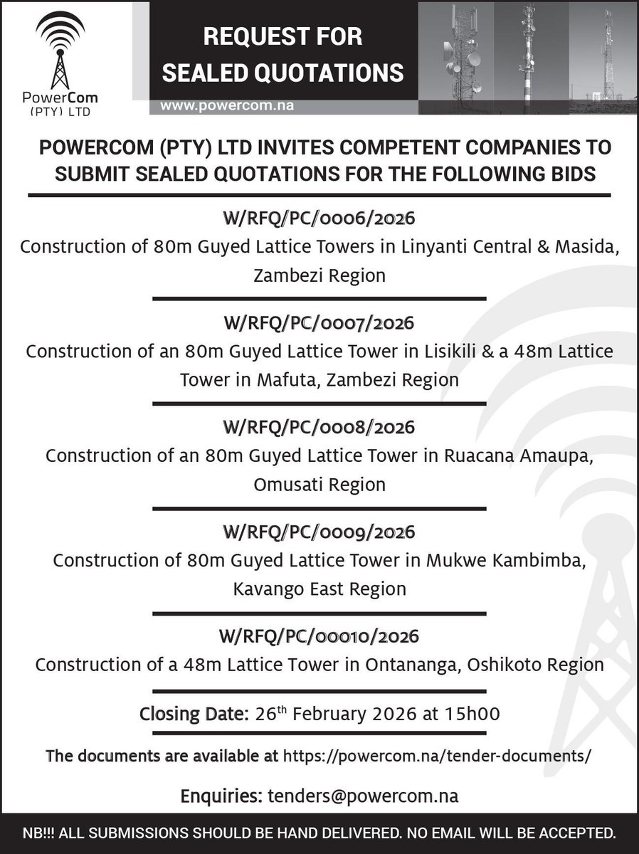 Procurement opportunities at PowerCom - Tower Construction 

#opportunities #towerbusiness #passiveinfrastructures