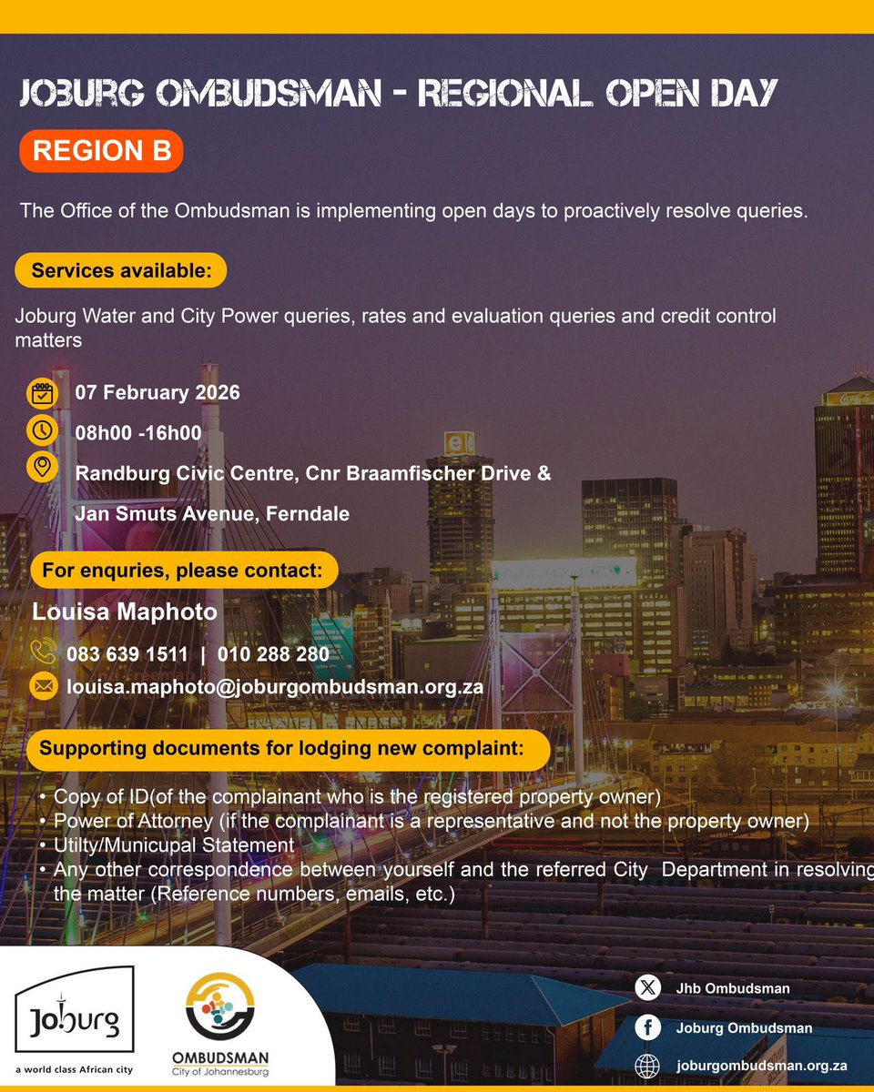 Region B, this one’s for you!📣 Got a municipal issue? Now’s your chance to be heard. 

Join the Office of the Ombudsman for the Annual Citizen Information Clinic and Regional Open Day! 

#TheJoburgWeAllWant #JoburgUpdates #JoburgServices