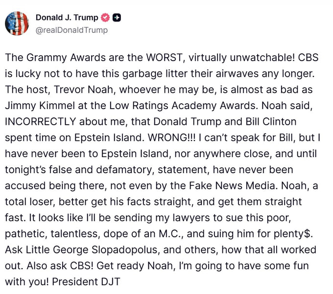 gunnazxy's tweet photo. ��BREAKING: 🇺🇸 Trump is threatening to sue Trevor Noah after the Grammy host claimed both Trump and Bill Clinton spent time on Epstein Island. https://t.co/ZpFUcfw03X