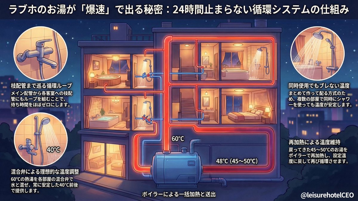 leisurehotelCEO's tweet photo. ラブホのお湯が爆速で出る理由

寒い冬のシャワーは、お湯が出るまで時間がかかりますよね。理由は、給湯器で沸いたお湯が届く前に、配管の中に溜まった冷えた水が出るから。瞬間式給湯器でも冷水が先に出るので、給湯器の起動時間と配管距離次第では1分近くかかることもあります。

一方ラブホは、
建物のボイラー設備でお湯をまとめて作り、給湯配管の中を温水が常に循環しています。温かいお湯が館内をグルグル回って待機しているので、シャワー蛇口を開けた瞬間から温水が出ます。

ボイラーで貯めたお湯は目安60℃前後で配管を流れ、客室では混合弁で水と混ぜて40℃前後に落として提供します。複数の部屋が同時に使っても温度がブレにくいのも、まとめて作って配る方式の強みです。

建物の中を巡って使われなかったお湯は、ボイラー室に戻るまでの間に熱を奪われ、50℃くらいまで下がります。そこでボイラー室の熱源で再加熱し、設定温度まで戻してから配管へ送り出します。ホテルによっては、ボイラーの設定温度を夏は55℃、冬は65℃のように季節で微調整してガス代のコストを削っているホテルも多いです。

さらに、お湯が出るまでの時間を短くする方法があります。太いメイン配管から各部屋へ横の枝配管が伸びているのですが、この枝配管の中でお湯が冷めると、シャワーでお湯が出るまでに数秒かかることがあります。そこでメイン配管だけでなく、各部屋へ向かう枝配管にも循環ループを組めば、客室のシャワーでお湯が出るまでの待ち時間はほぼゼロになります。ただし枝配管まで循環させるには工事費がかかります。

ちなみに、回転率の高いホテルだと前のお客様の使用から次のお客様の使用までの間隔が短く、枝配管の中のお湯が冷めきる前にまた使われるので、実務上は問題になりにくいケースも多いです。そのため、枝配管の循環ループを組まないと経営者が判断するケースもあります。

ここにラブホ経営者の思想が出るので、なかなか面白いところですね🙃