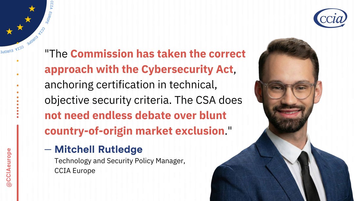 CCIAeurope's tweet photo. "With the #CybersecurityAct, the @EU_Commission has taken the correct approach, anchoring #cybersecurity certification in technical, objective security criteria." 

"The CSA does not need endless debate over blunt country-of-origin market #exclusion."

👉 https://t.co/O2nSZZVAFm https://t.co/Y64807XGEz