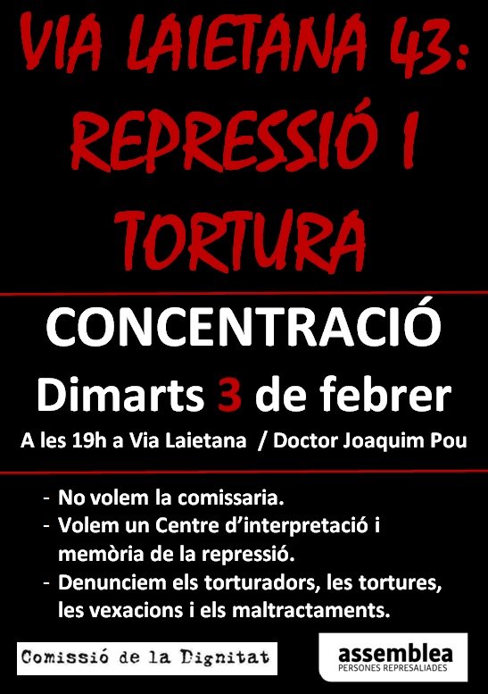 DEMÀ 3 a les 19 h. Concentració a via laietana 43, amb el testimoni de Maria Comellas Doñate i l'adhesió de la Comissió de Defensa dels Drets de la Persona i del Lliure Exercici de l'Advocacia de l'Icab,  per Mireia Montesinos Sanchis.
Seguim!
No ens aturarem!
No ens aturaran!