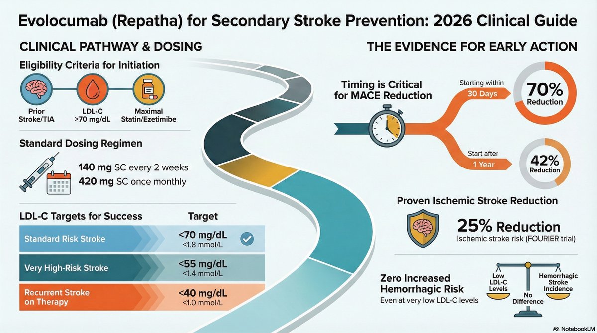 SikandarAdwani's tweet photo. Your stroke patient on maximal statin + ezetimibe still has LDL-C >70 mg/dL.

Adding evolocumab prevents:

✅ 25% ↓ ischemic strokes

✅ DOUBLE the events vs first-event analysis

✅ Progressive benefit over time (16% Year 1 → 25% Year 2+)

Here's the evidence...

#Neurology #StrokePrevention #Neurotwitter