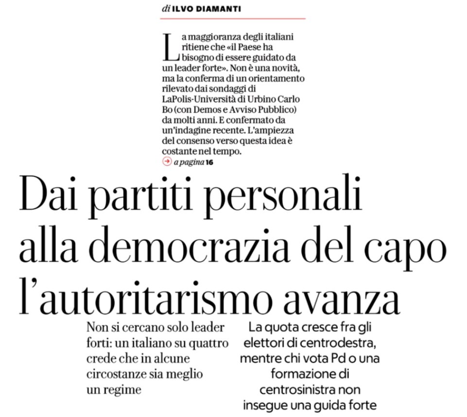 L'articolo di Ilvo Diamanti è interessante, ma parte dalla cronaca e non dalla storia che ne è a fondamento. Il primo "partito" personale risale ad Ottaviano Augusto e l'"autoritarismo" ha la sua radice nella "auctoritas" del Princeps.