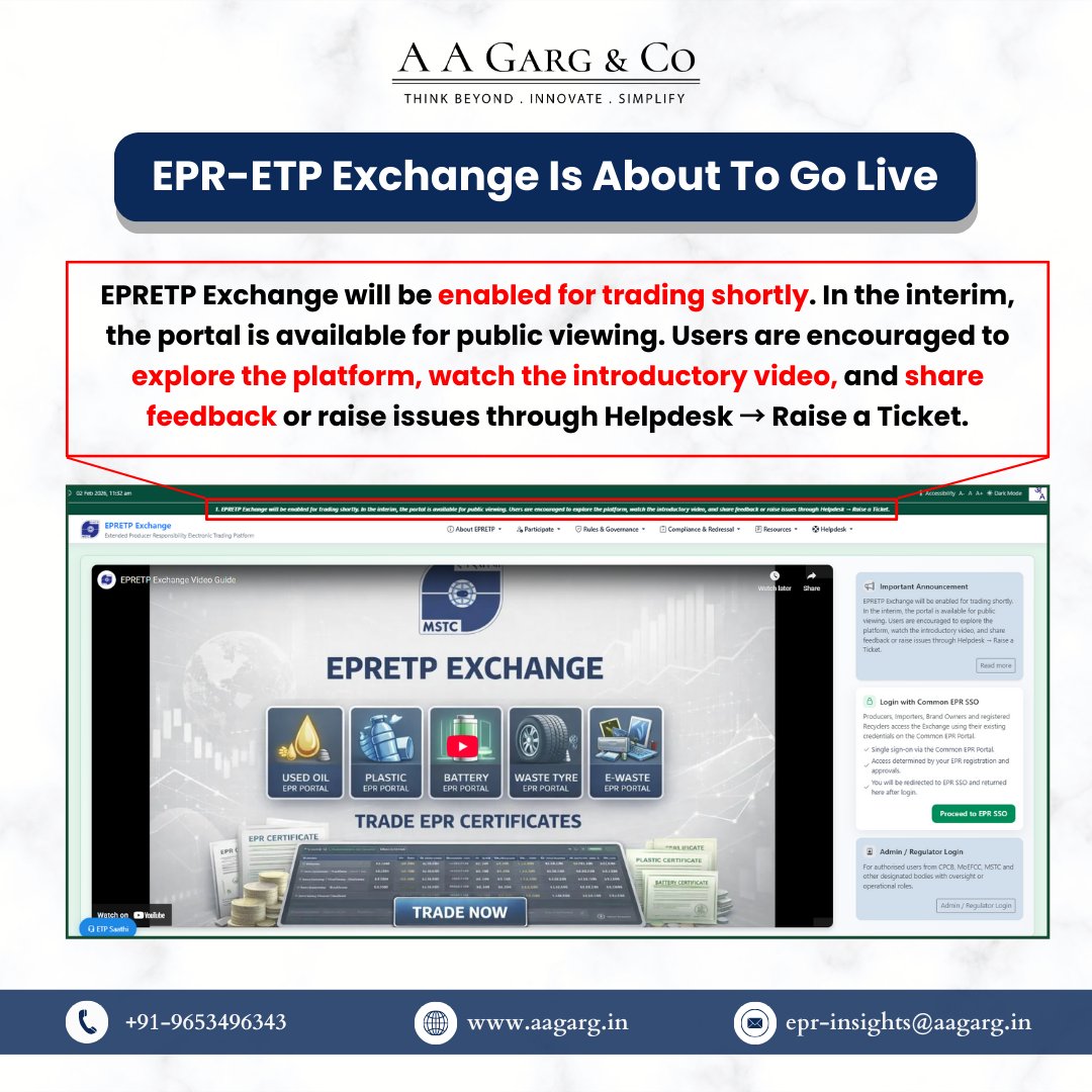 AAGargCo's tweet photo. 🚨 EPR-ETP Exchange Update

Trading will be enabled shortly. The Platform is now open for public viewing.

🔍 Explore the interface
🎥 Watch the walkthrough video
🛠 Share feedback via Helpdesk 

📢 Detailed advisory coming soon

Link: https://t.co/QrU5Hk94R3

#EPRETP #EPRIndia https://t.co/nUxOTztQ3N