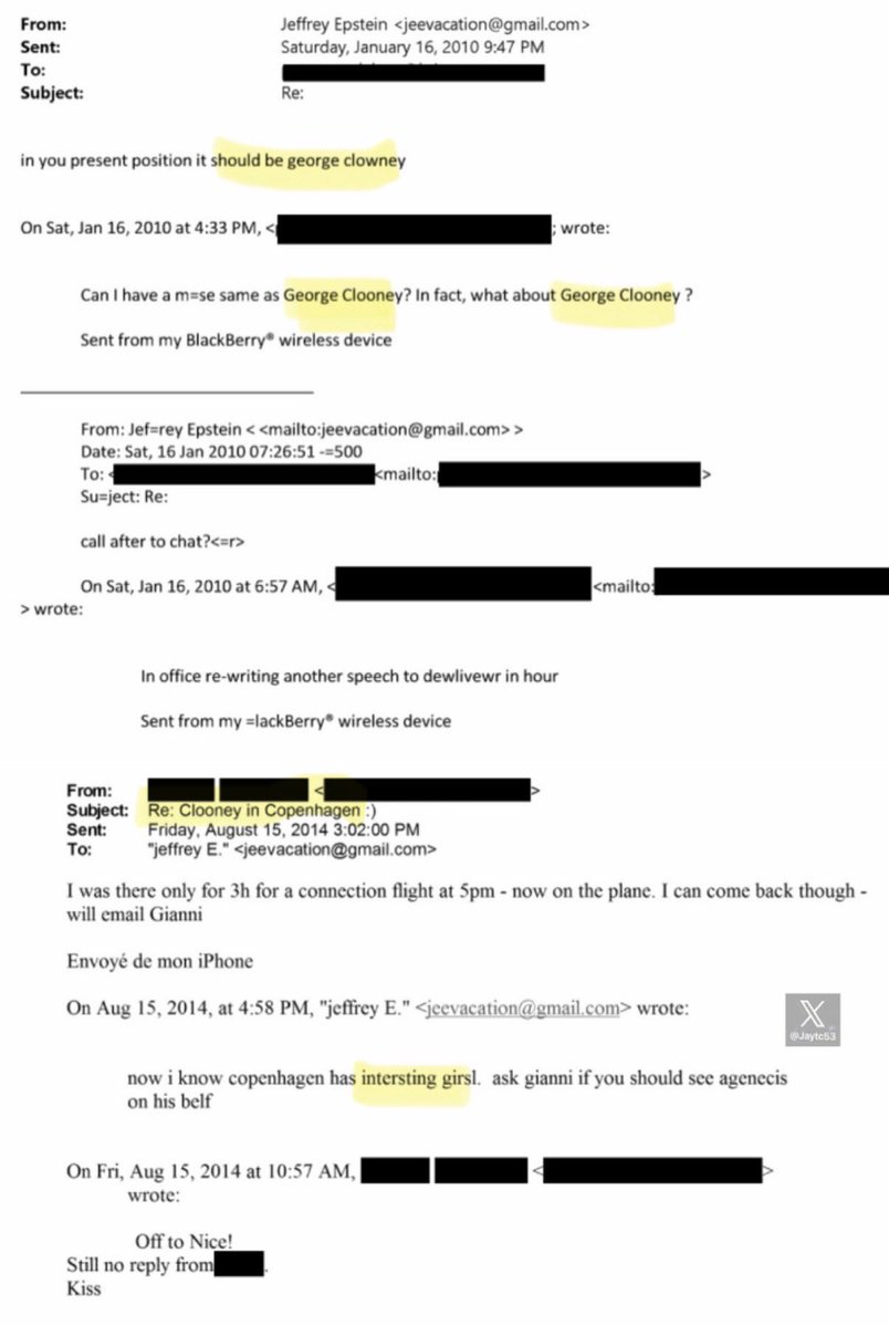 JDunlap1974's tweet image. Epstein Files Bombshell GEORGE CLOONEY in multiple Epstein Emails. 

 In 2014, Clooney was in Copenhagen where Epstein appears to visit him there saying "Now I know Copenhagen has interesting girls"