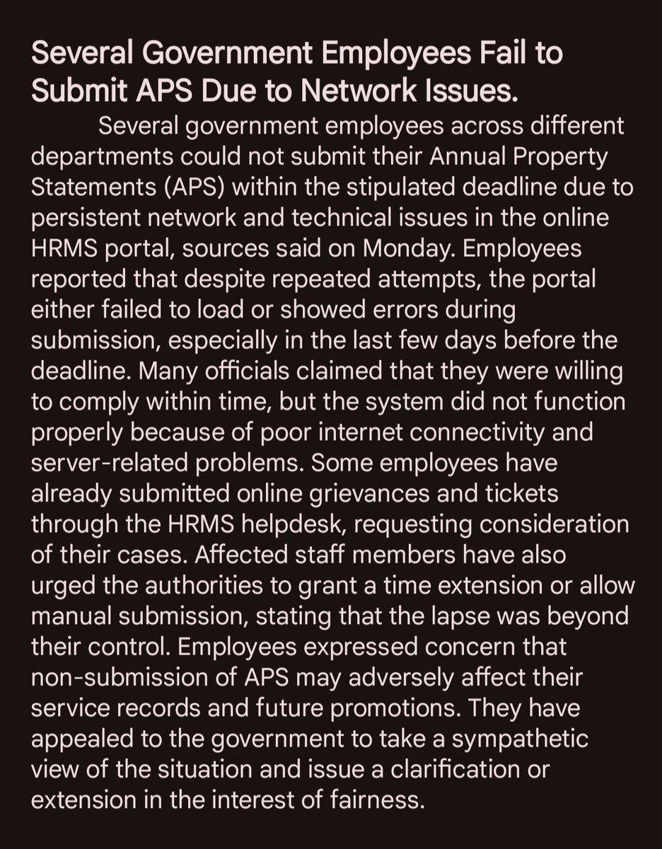 MrSusanta_kumar's tweet image. Sir, please take this into consideration and extend the deadline by a few more days.
@CMO_Odisha @MohanMOdisha @SecyChief @dept_ga @JanaSunani @IPR_Odisha 
#Not_Submit_APS #Network_Issues #HRMS_Server #State_Government #Odisha #Government_Employees #Annual_Property_Statements